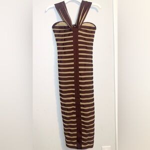 Fashion Nova Brown and Tan Striped Midi Bodycon Dress